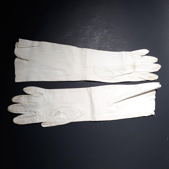White Kid Leather Gauntlet Gloves Sz 6.5 Vintage 1950 13.5" - Picture 2 of 5